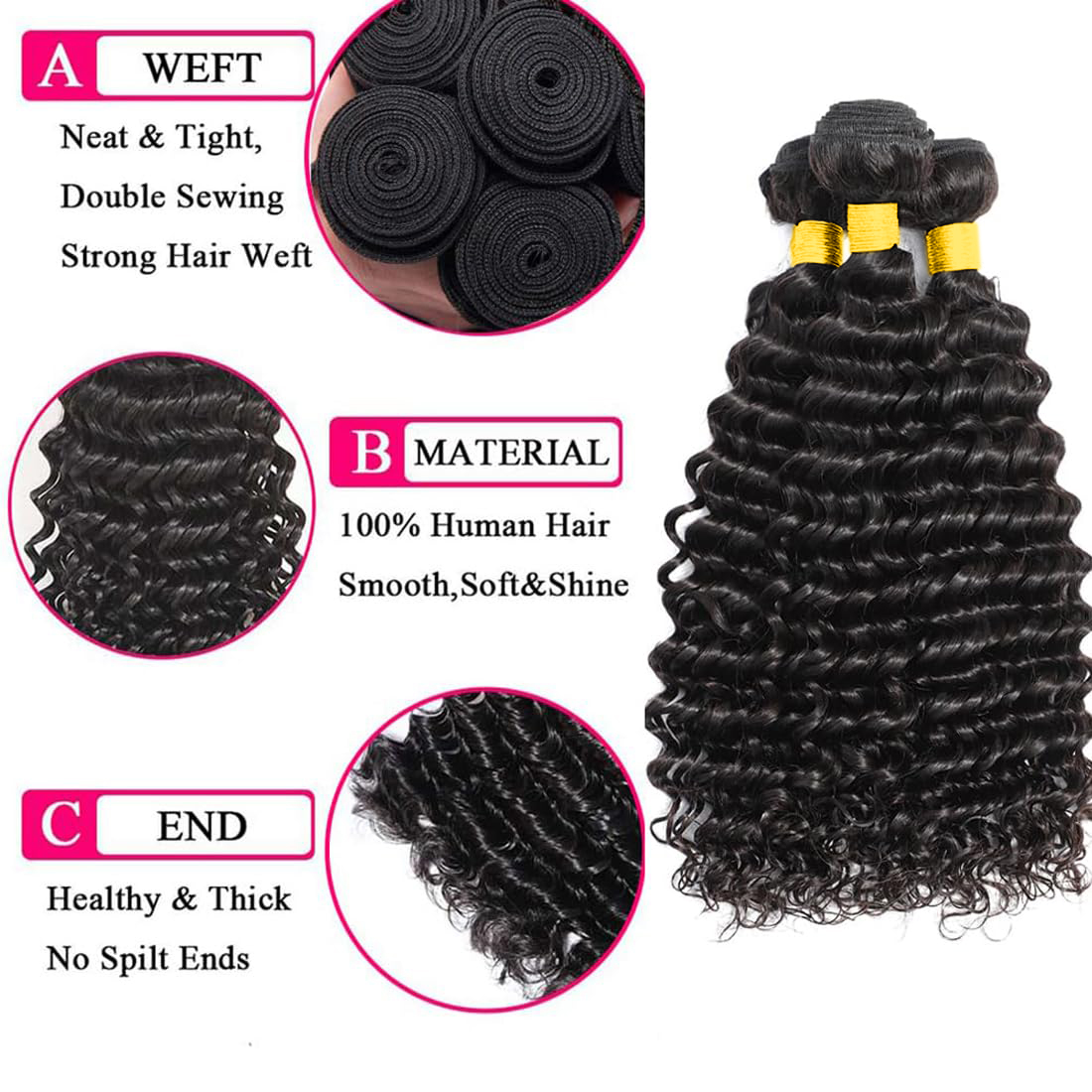 100% Brazilian Virgin Human Ha - огляд і ціна Deep Wave 3 Bundles With Closure